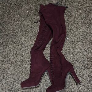 Shoe Dazzle Red Over the Knee Boots with Plush Suede Finish
